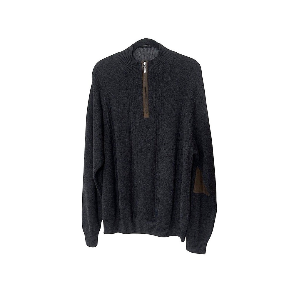 3/$20 💥 Alex Cannon Men's Cable Knit Sweater Lg Elbow Patches 1/4 Zip Cotton Pre